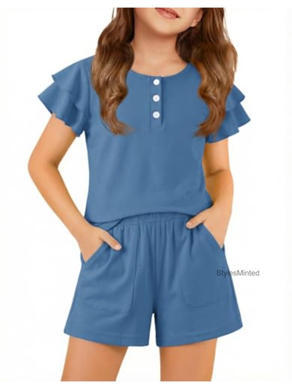 Girls Ruffle Sleeve Button Down Shirt & Shorts 2 Piece Summer Outfit Set